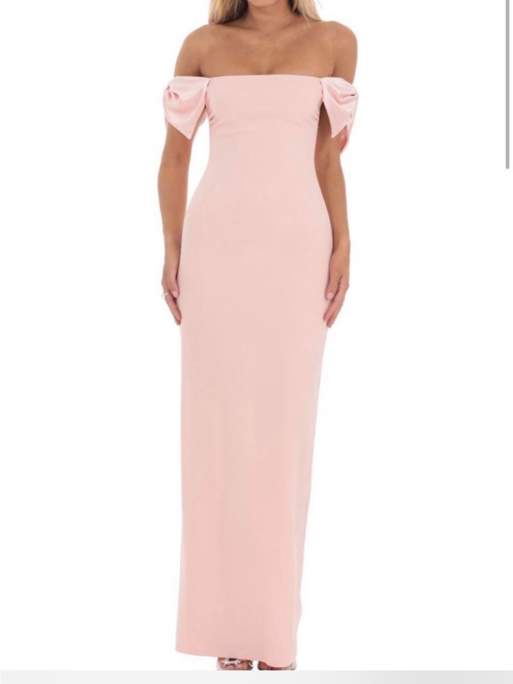 Lucy in the Sky Off-Shoulder Light Pink Maxi Dress with Bow Sleeves